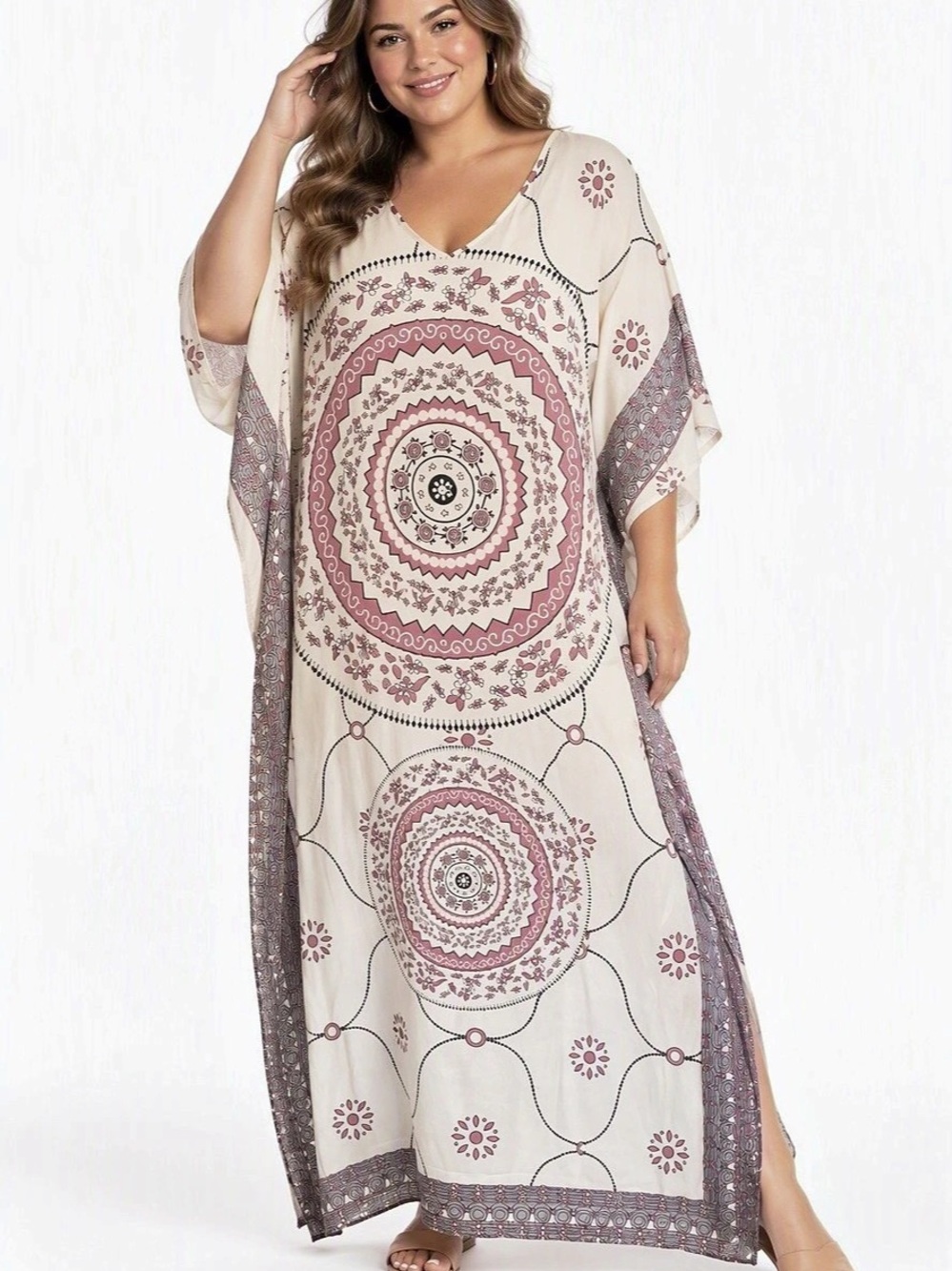 Boho Mandala Print Flowy Maxi Dress in Cream & Pink Like New